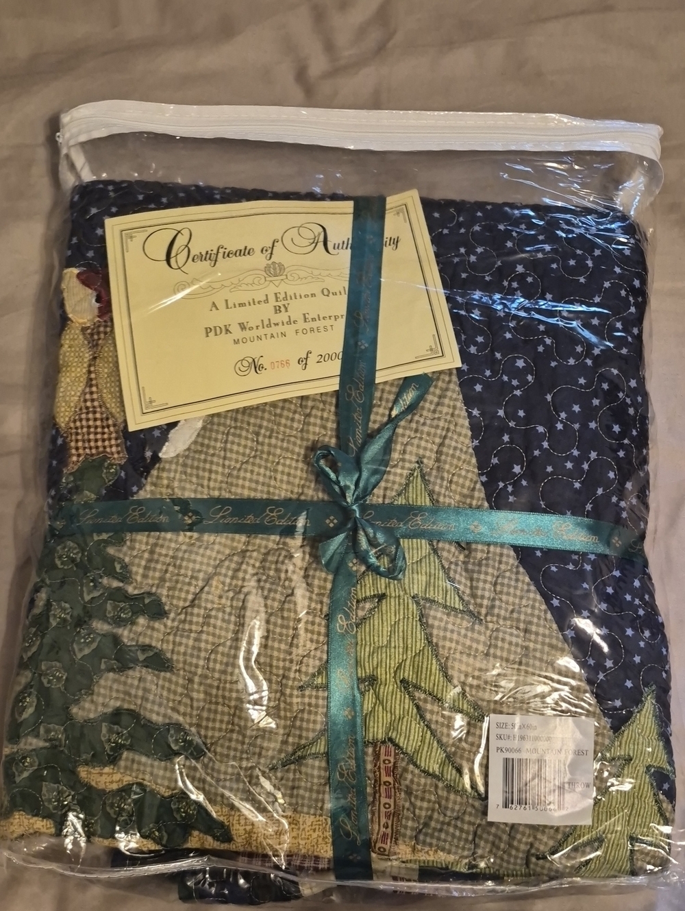 NWT PDK Limited Edition  Mt. Forest Quilted Throw in Navy, Green, Beige